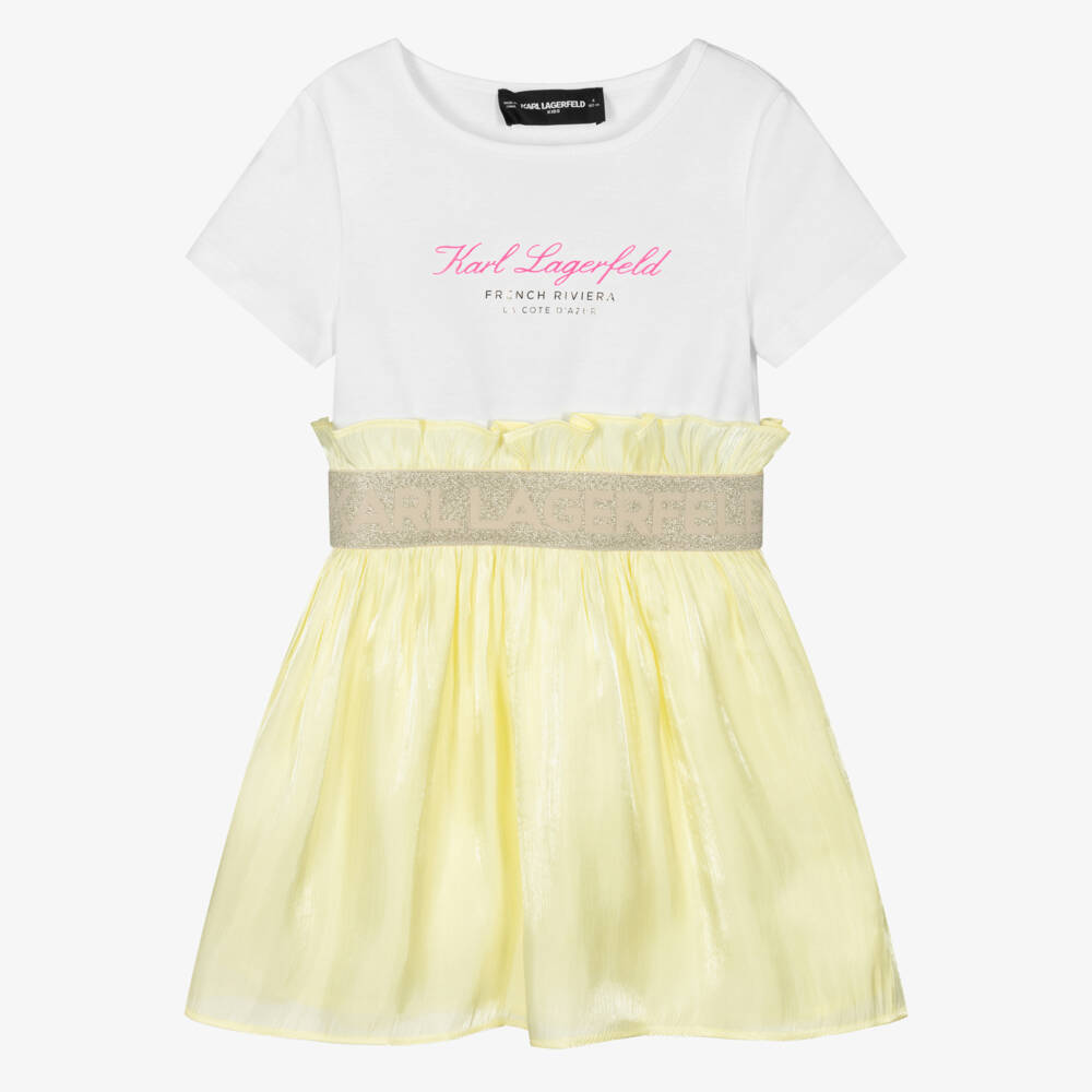 KARL LAGERFELD KIDS-Girls White Jersey & Yellow Voile Short-Sleeved Dress | Childrensalon