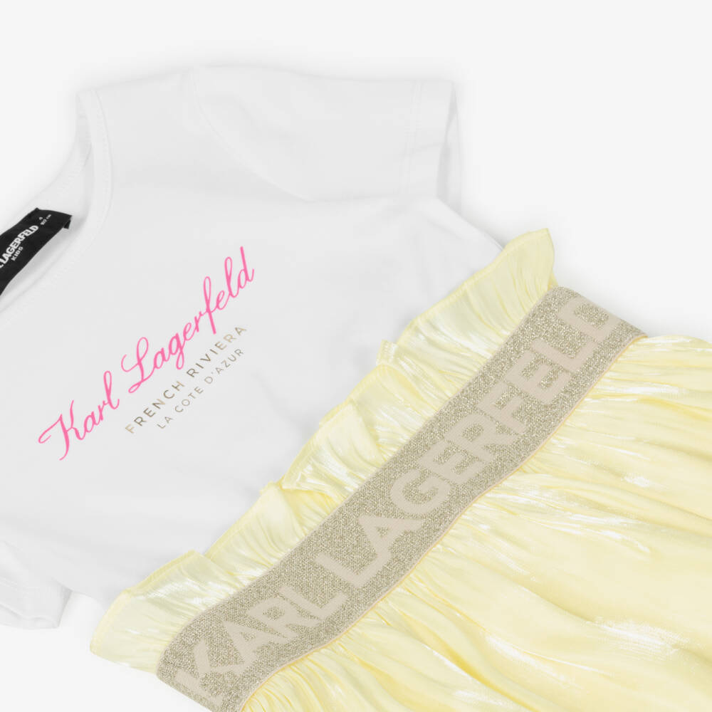 KARL LAGERFELD KIDS-Girls White Jersey & Yellow Voile Short-Sleeved Dress | Childrensalon