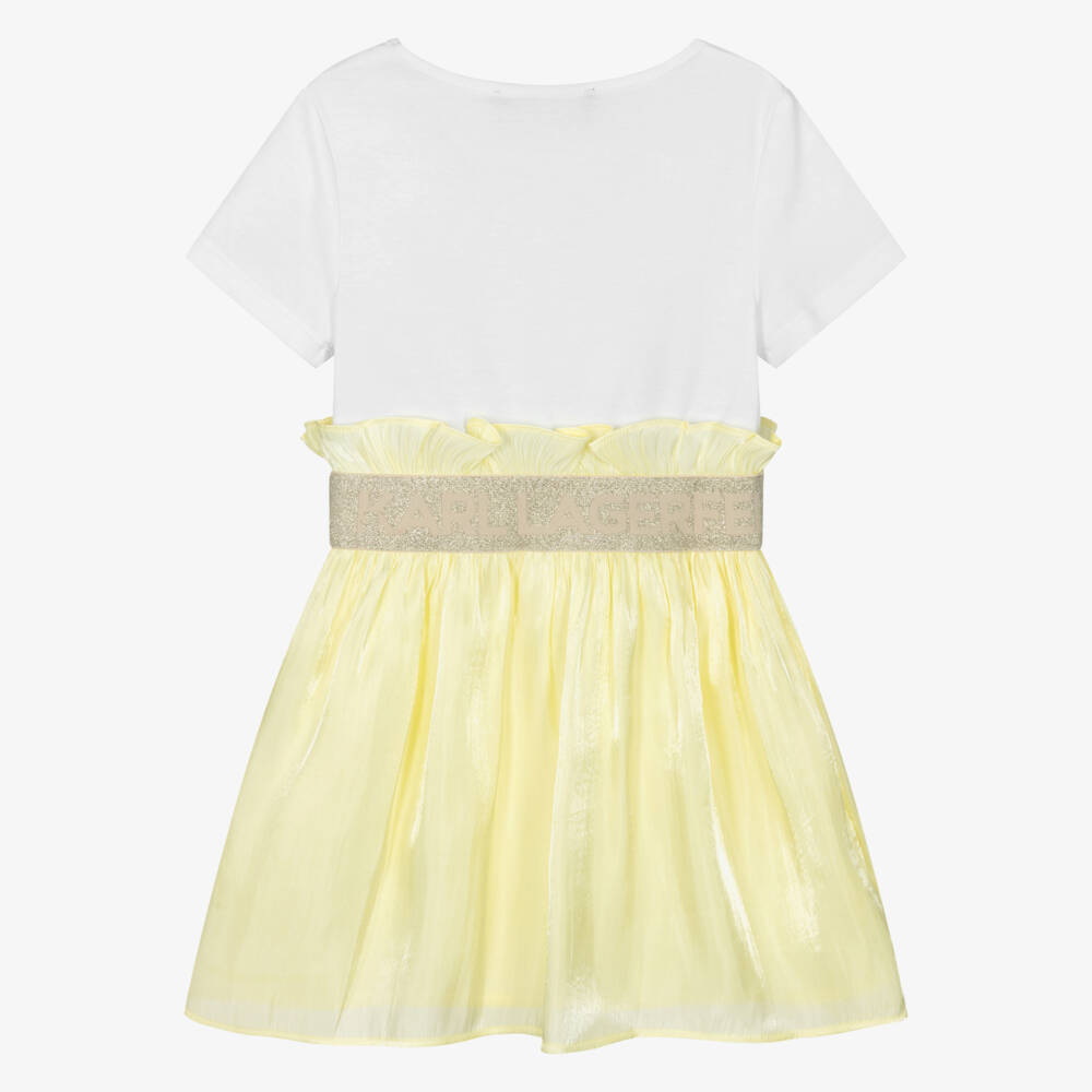 KARL LAGERFELD KIDS-Girls White Jersey & Yellow Voile Short-Sleeved Dress | Childrensalon