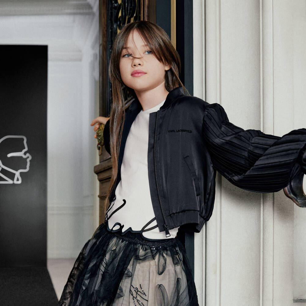 KARL LAGERFELD KIDS-Футболка белая из хлопкового трикотажа с логотипом на подоле для девочек | Childrensalon