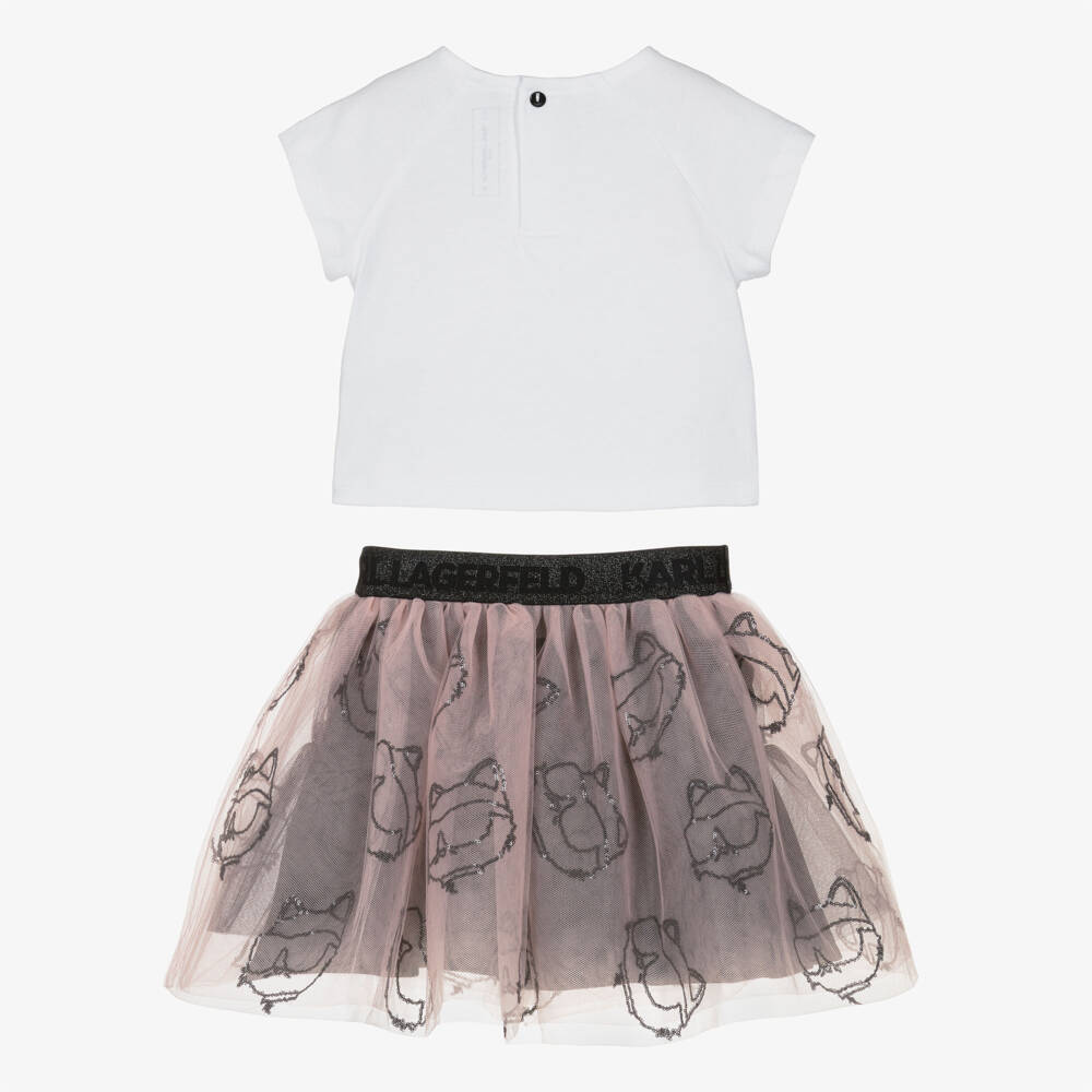 KARL LAGERFELD KIDS-Girls White & Pink Tulle Choupette Skirt Set | Childrensalon