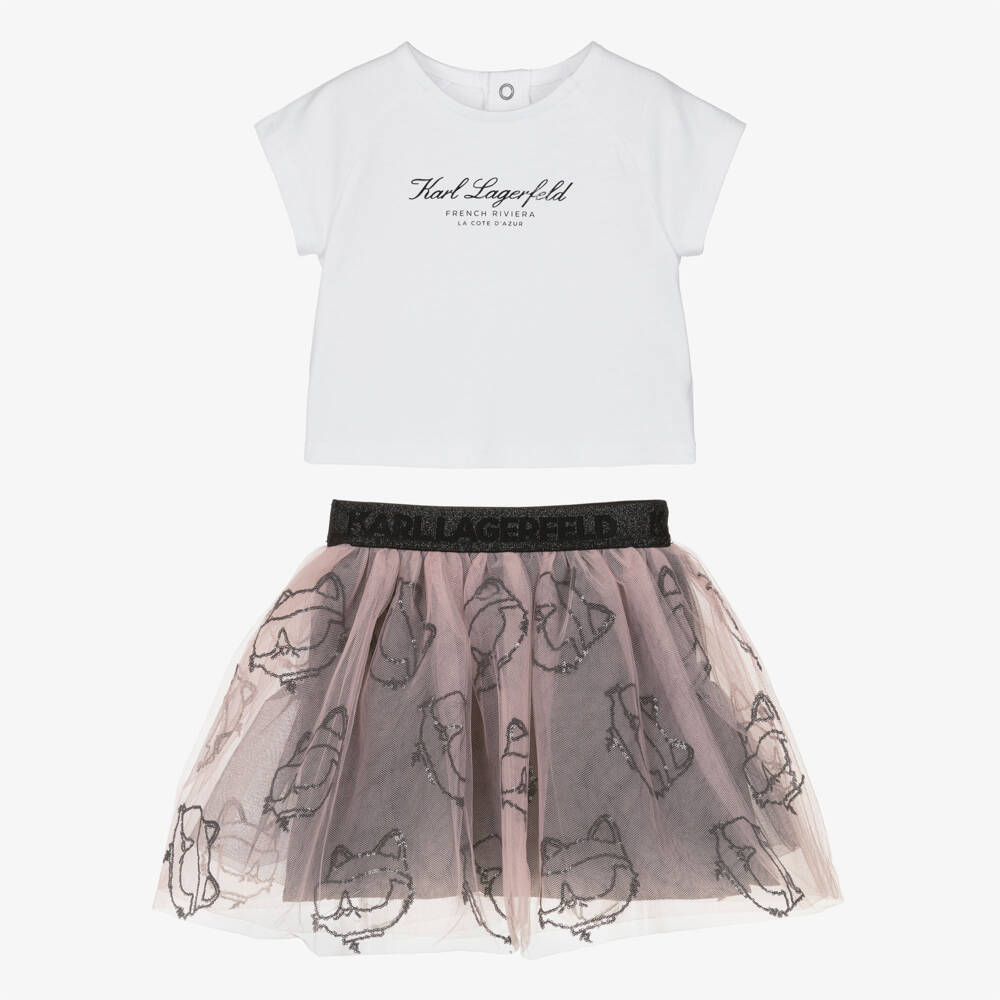 KARL LAGERFELD KIDS-Girls White & Pink Tulle Choupette Skirt Set | Childrensalon