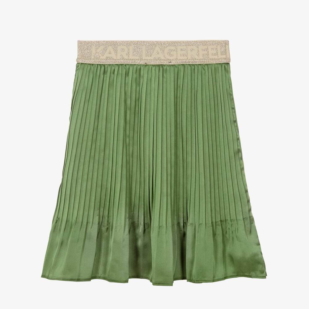 KARL LAGERFELD KIDS-Girls Green Pleated Satin Skirt with Embroidered Logo | Childrensalon