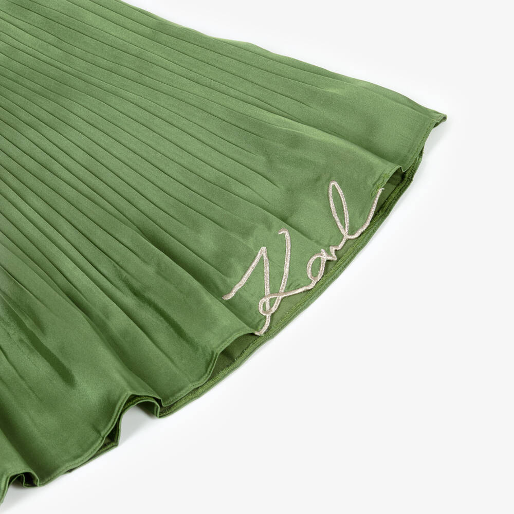 KARL LAGERFELD KIDS-Girls Green Pleated Satin Skirt with Embroidered Logo | Childrensalon