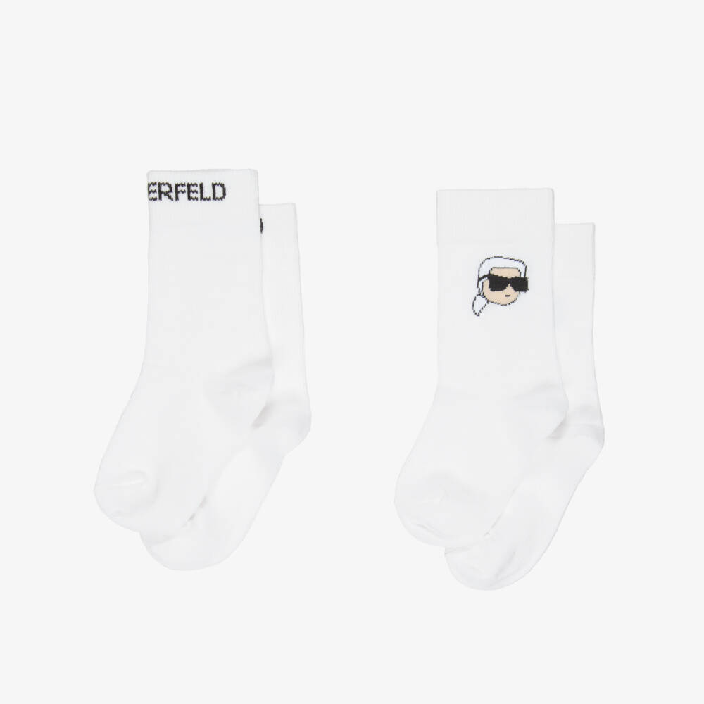 KARL LAGERFELD KIDS-White Cotton Karl Ikonik Logo Socks (2 Pack) | Childrensalon