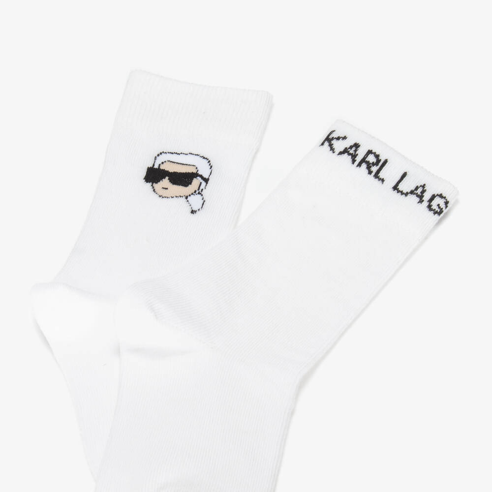 KARL LAGERFELD KIDS-White Cotton Karl Ikonik Logo Socks (2 Pack) | Childrensalon