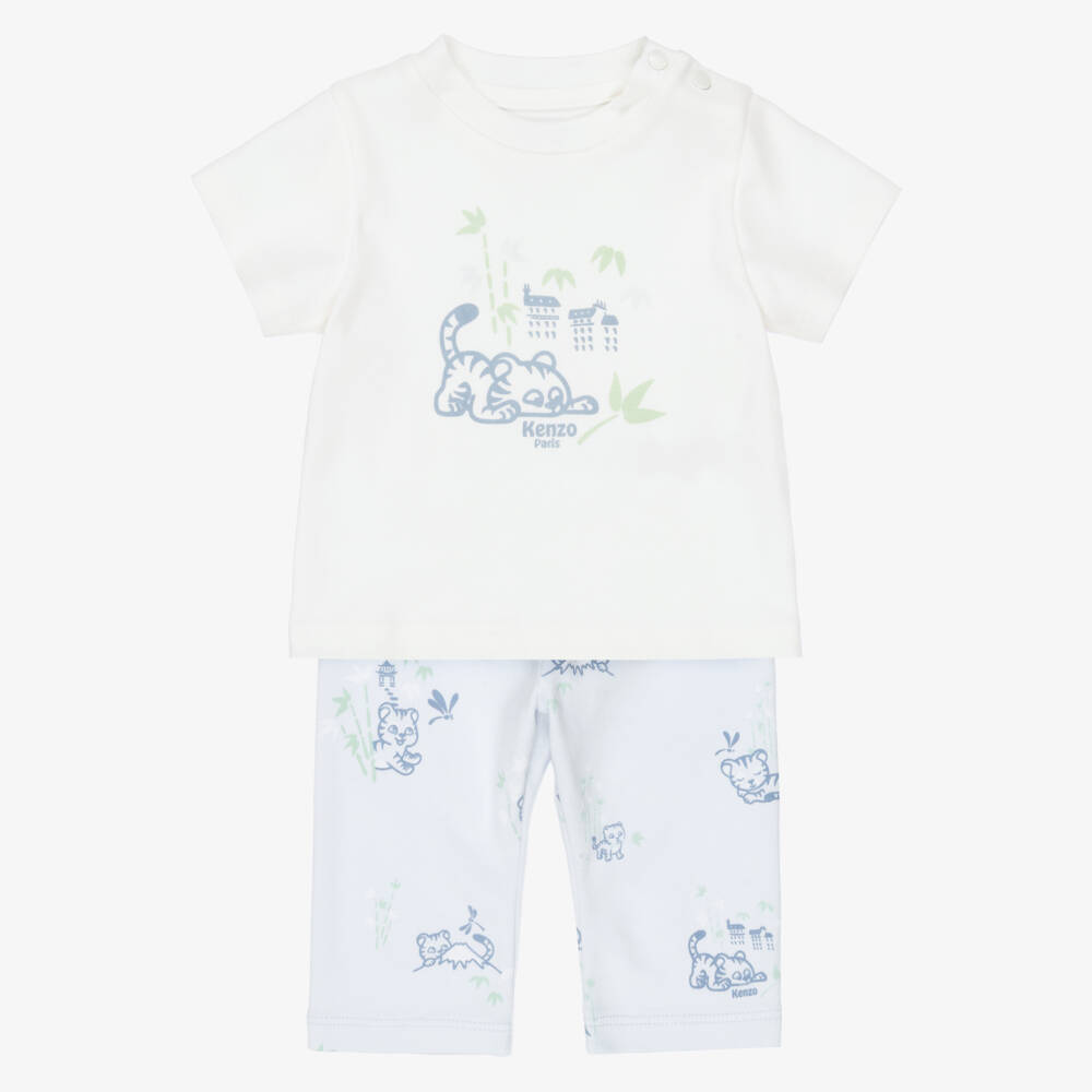 KENZO KIDS-Baby Boys Ivory & Blue Trouser Set with Baby Tiger Print | Childrensalon