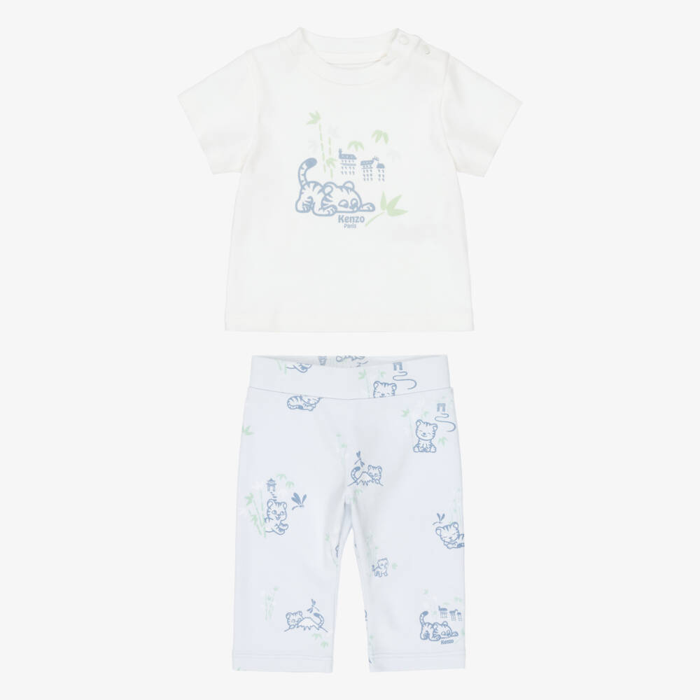 KENZO KIDS-Baby Boys Ivory & Blue Trouser Set with Baby Tiger Print | Childrensalon