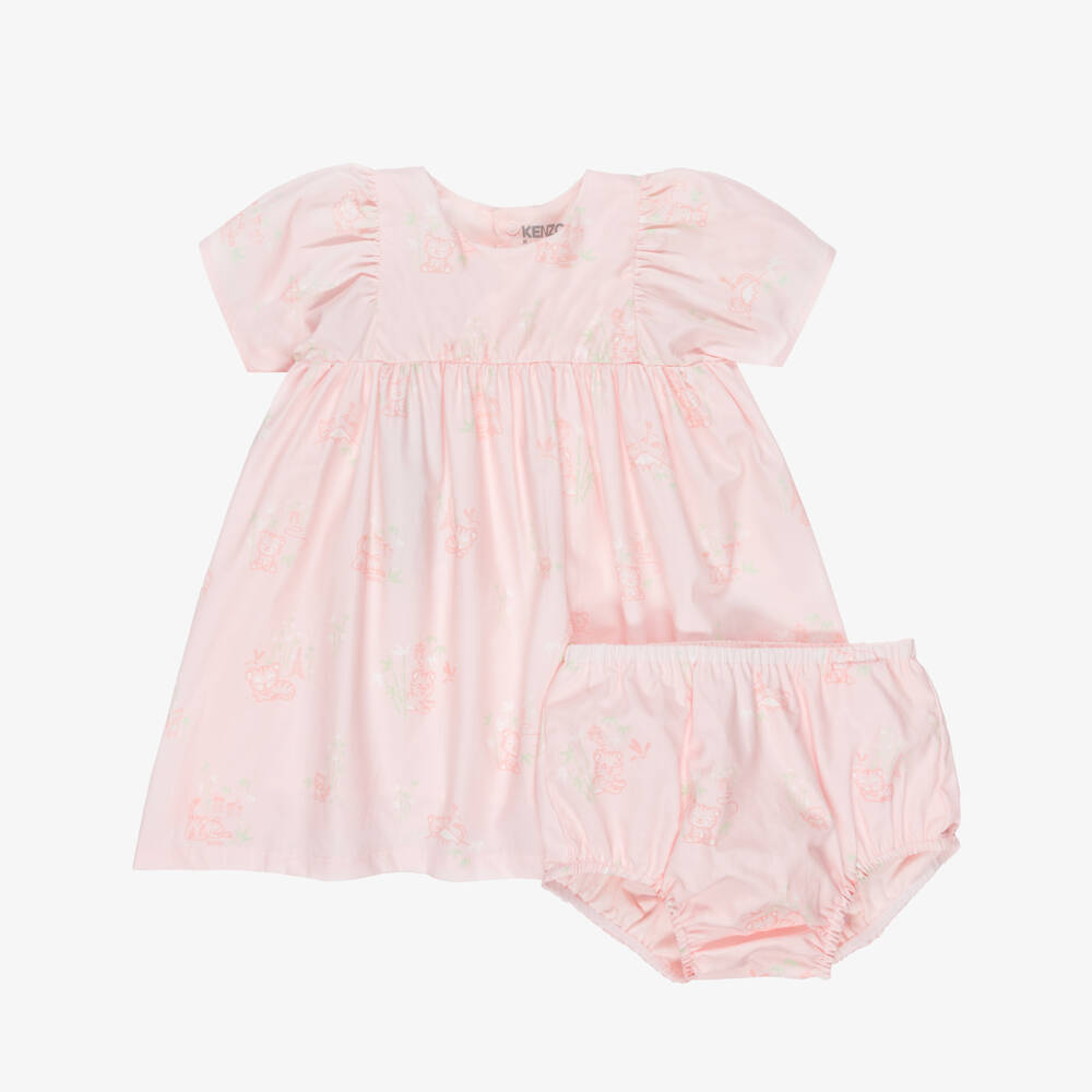KENZO KIDS-Baby Girls Pale Pink Cotton Dress with Baby Tiger Print | Childrensalon