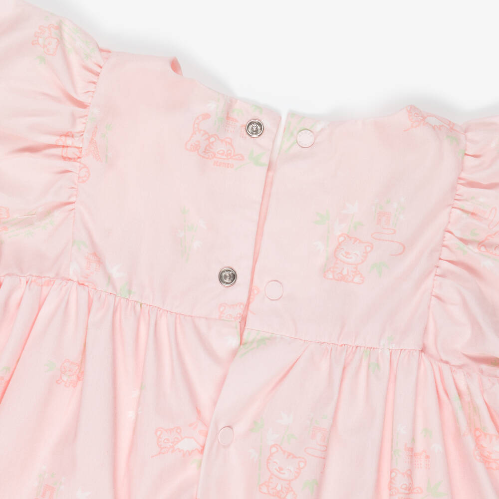 KENZO KIDS-Baby Girls Pale Pink Cotton Dress with Baby Tiger Print | Childrensalon