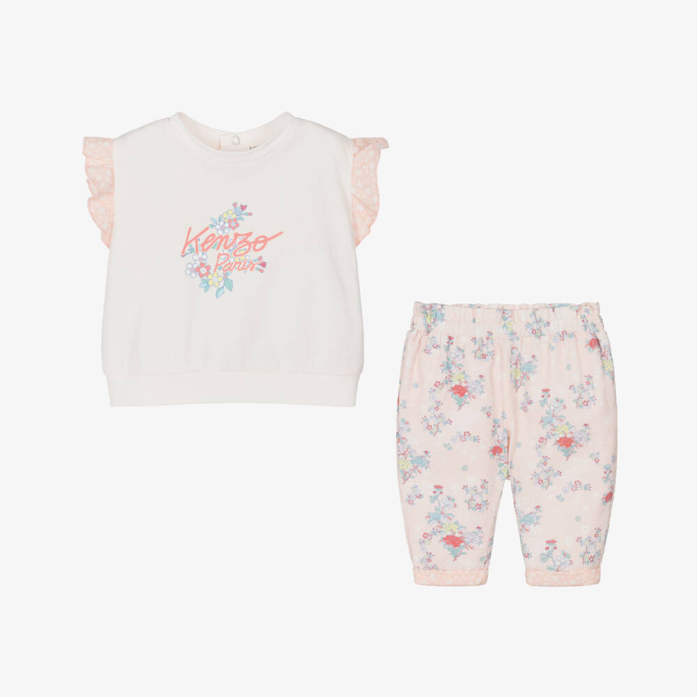 KENZO KIDS-Baby Girls Pink Floral Cotton Trouser Gift Set | Childrensalon