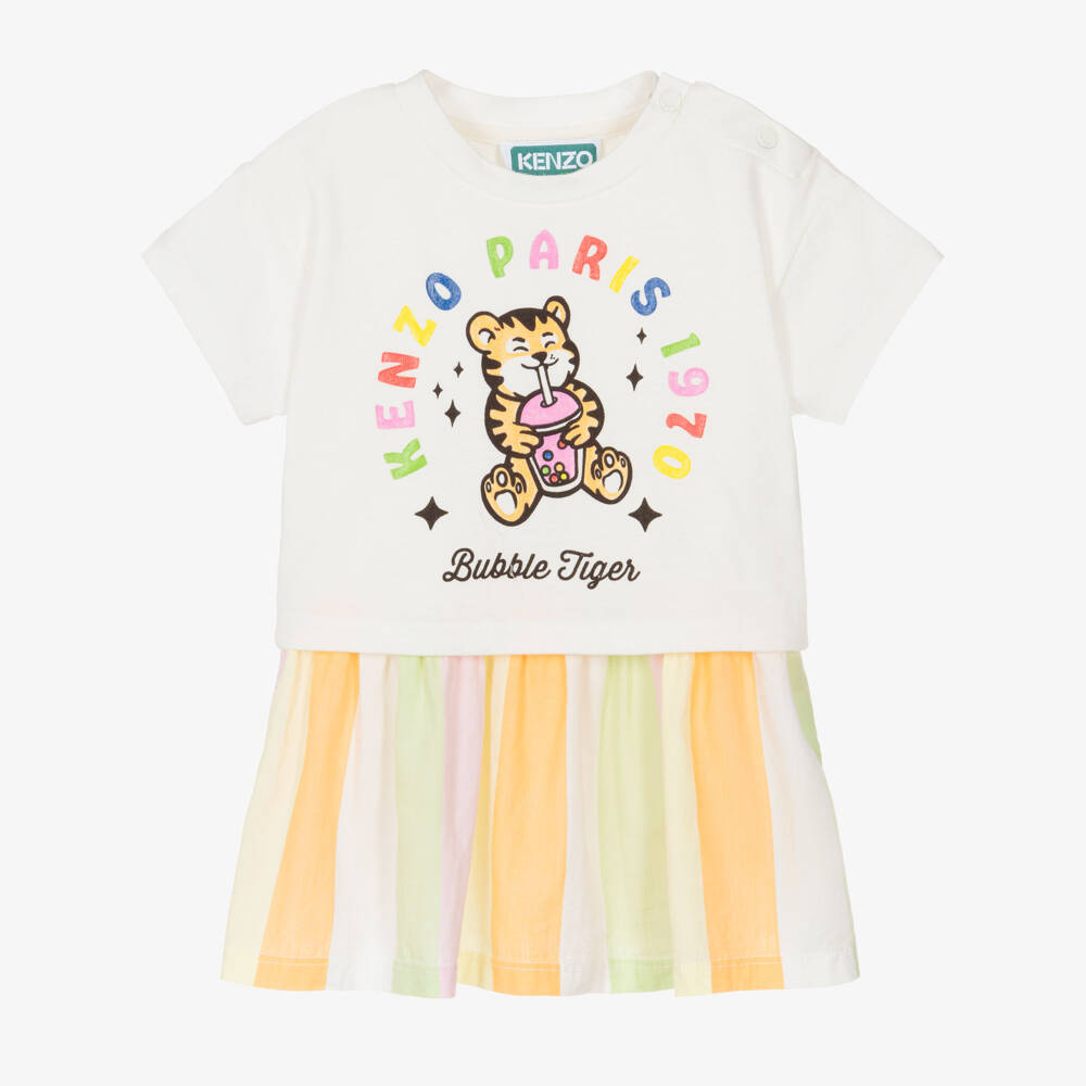 KENZO KIDS-Baby Girls White Bubble Tiger Dress with Striped Skirt | Childrensalon