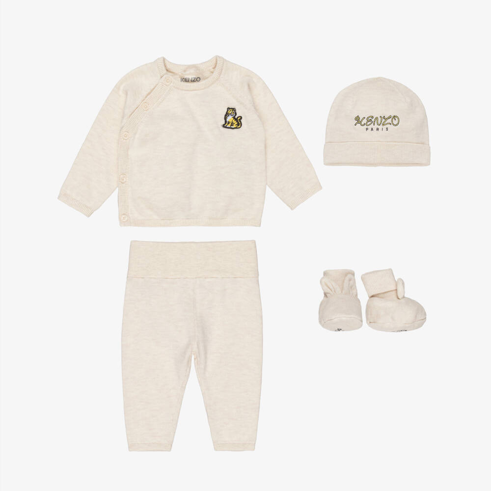 KENZO KIDS-Beige Knitted Cotton Baby Trouser Set | Childrensalon