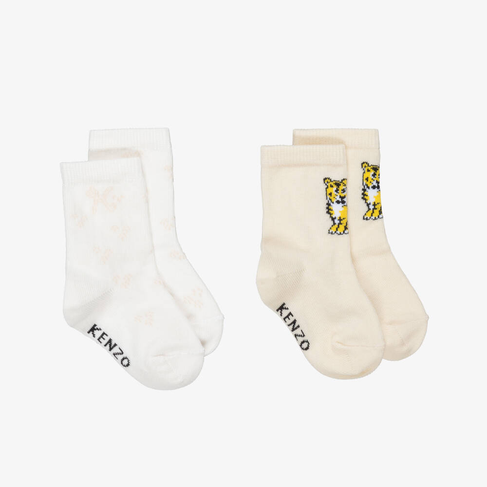 KENZO KIDS-Beige & White Kotora Tiger Baby Socks (2 Pack) | Childrensalon