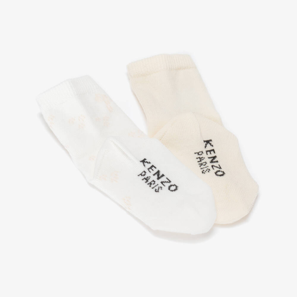 KENZO KIDS-Beige & White Kotora Tiger Baby Socks (2 Pack) | Childrensalon