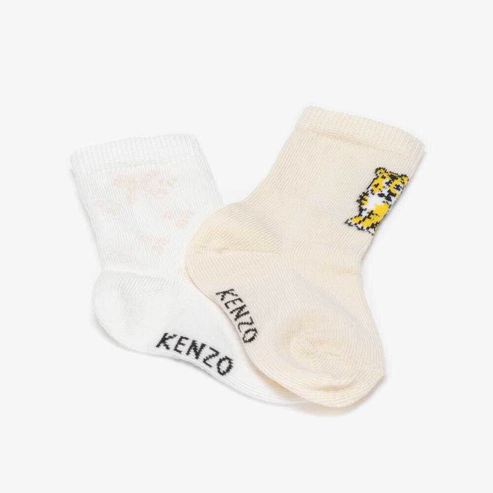 KENZO KIDS-Beige & White Kotora Tiger Baby Socks (2 Pack) | Childrensalon