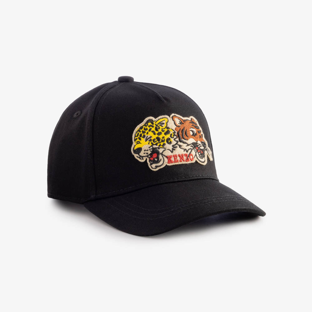 KENZO KIDS-Black Cotton Tiger & Friend Cap  | Childrensalon