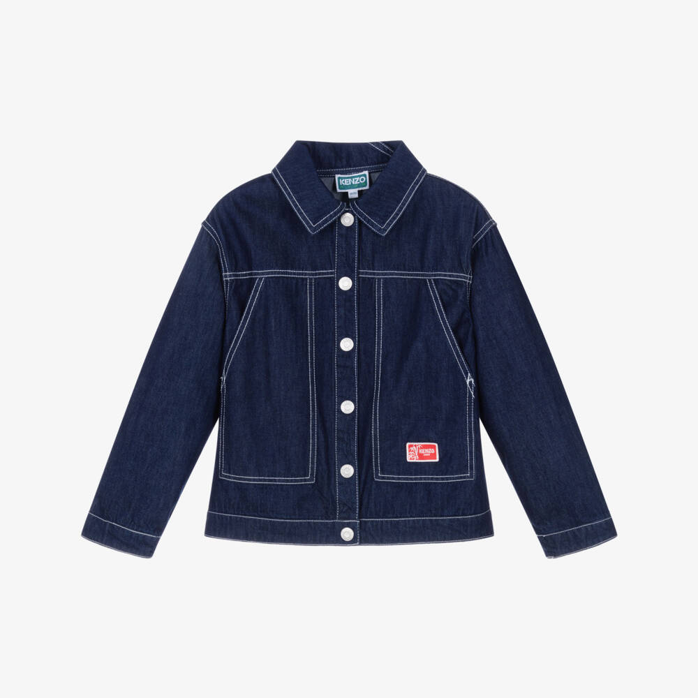 KENZO KIDS-Blue Denim Logo Jacket with Eiffel Tower & Tiger Tail | Childrensalon