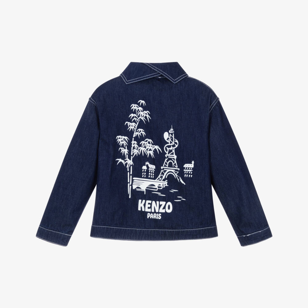 KENZO KIDS-Blue Denim Logo Jacket with Eiffel Tower & Tiger Tail | Childrensalon