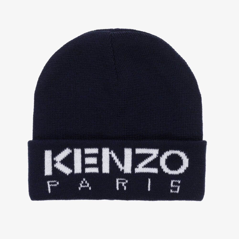 KENZO KIDS-Blue Knitted Beanie Hat with Logo Brim | Childrensalon