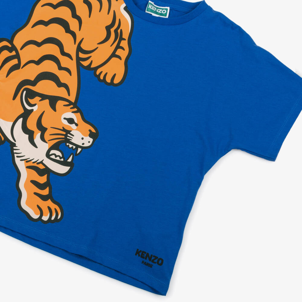 KENZO KIDS-Blue Organic Cotton Tiger Print T-Shirt | Childrensalon