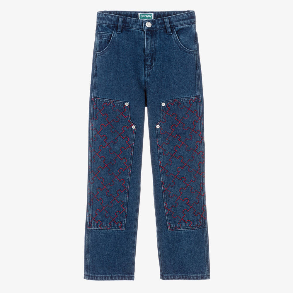 KENZO KIDS-Boys Blue Denim Puzzle Embroidery Jeans | Childrensalon