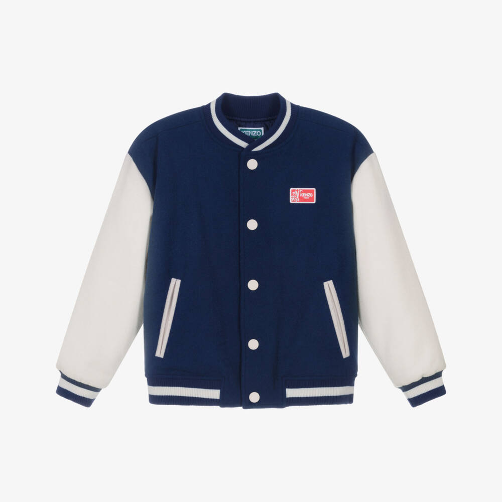 KENZO KIDS-Boys Blue & Ivory Wool Varsity Jacket with Tiger Embroidery | Childrensalon