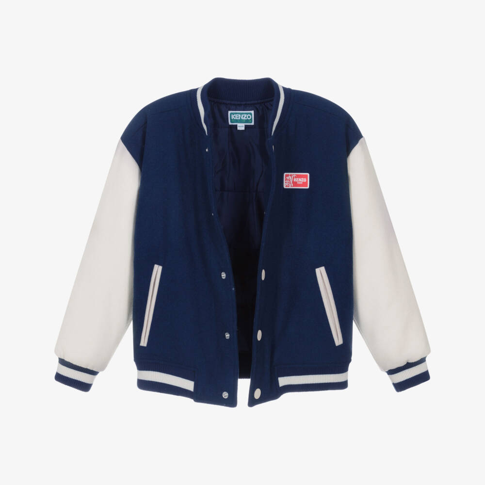 KENZO KIDS-Boys Blue & Ivory Wool Varsity Jacket with Tiger Embroidery | Childrensalon