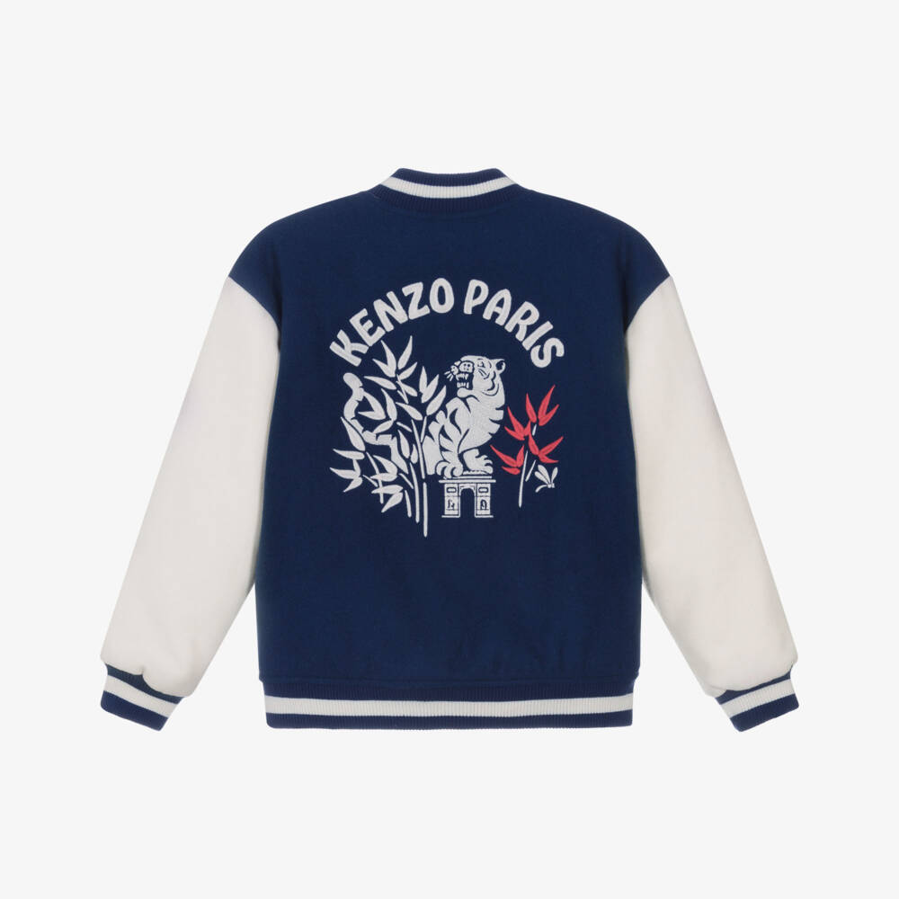 KENZO KIDS-Boys Blue & Ivory Wool Varsity Jacket with Tiger Embroidery | Childrensalon