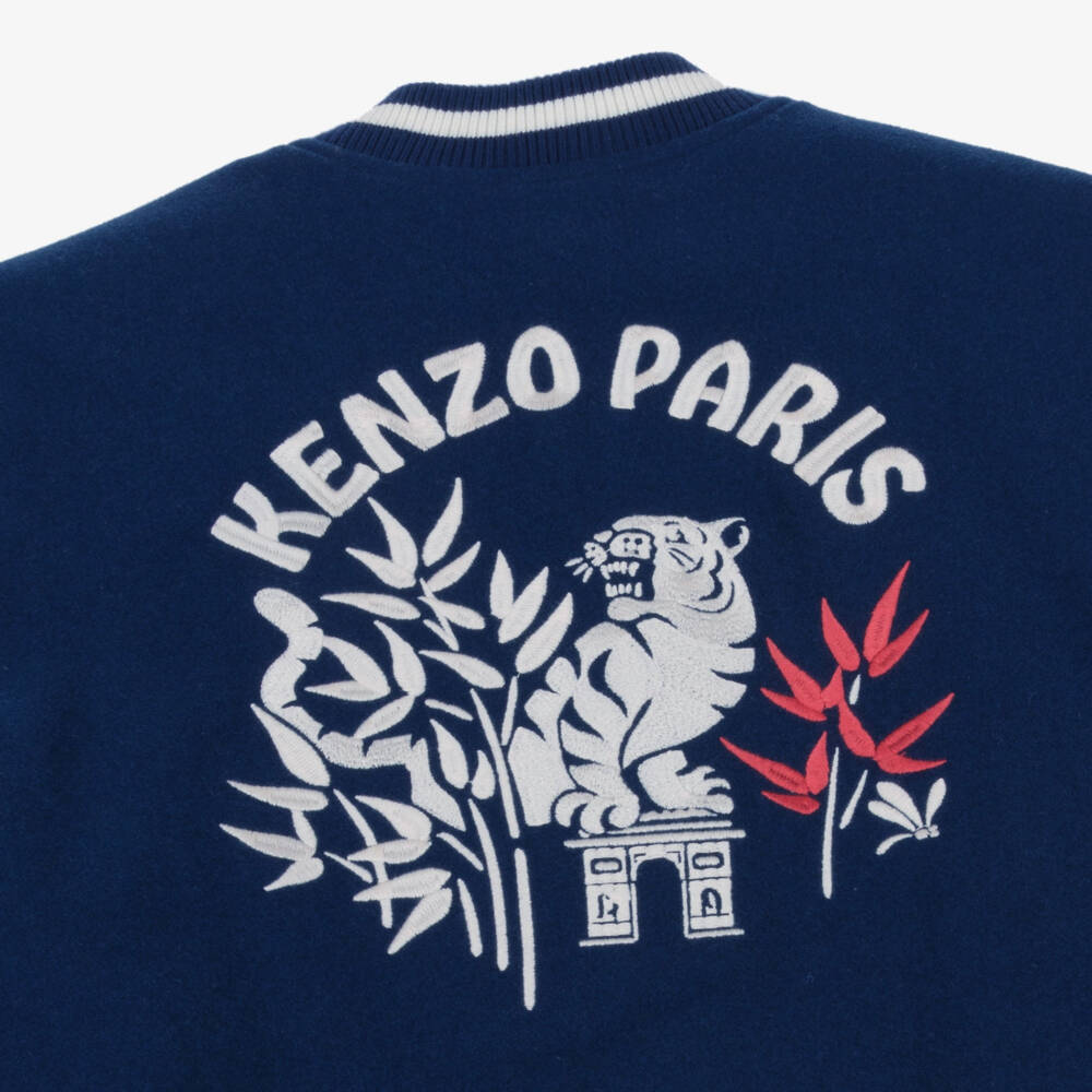 KENZO KIDS-Boys Blue & Ivory Wool Varsity Jacket with Tiger Embroidery | Childrensalon