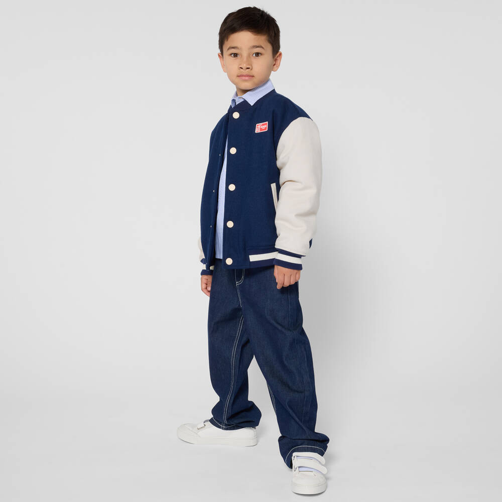 KENZO KIDS-Boys Blue & Ivory Wool Varsity Jacket with Tiger Embroidery | Childrensalon
