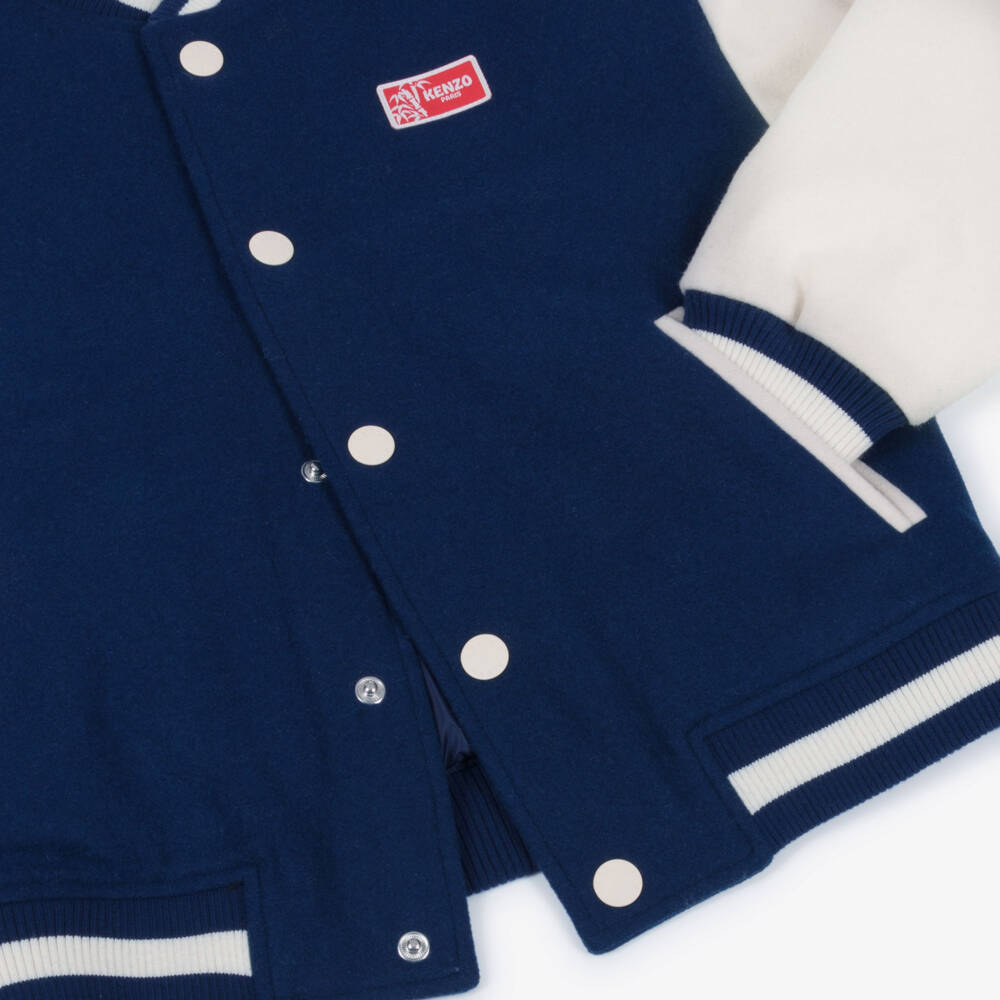 KENZO KIDS-Boys Blue & Ivory Wool Varsity Jacket with Tiger Embroidery | Childrensalon