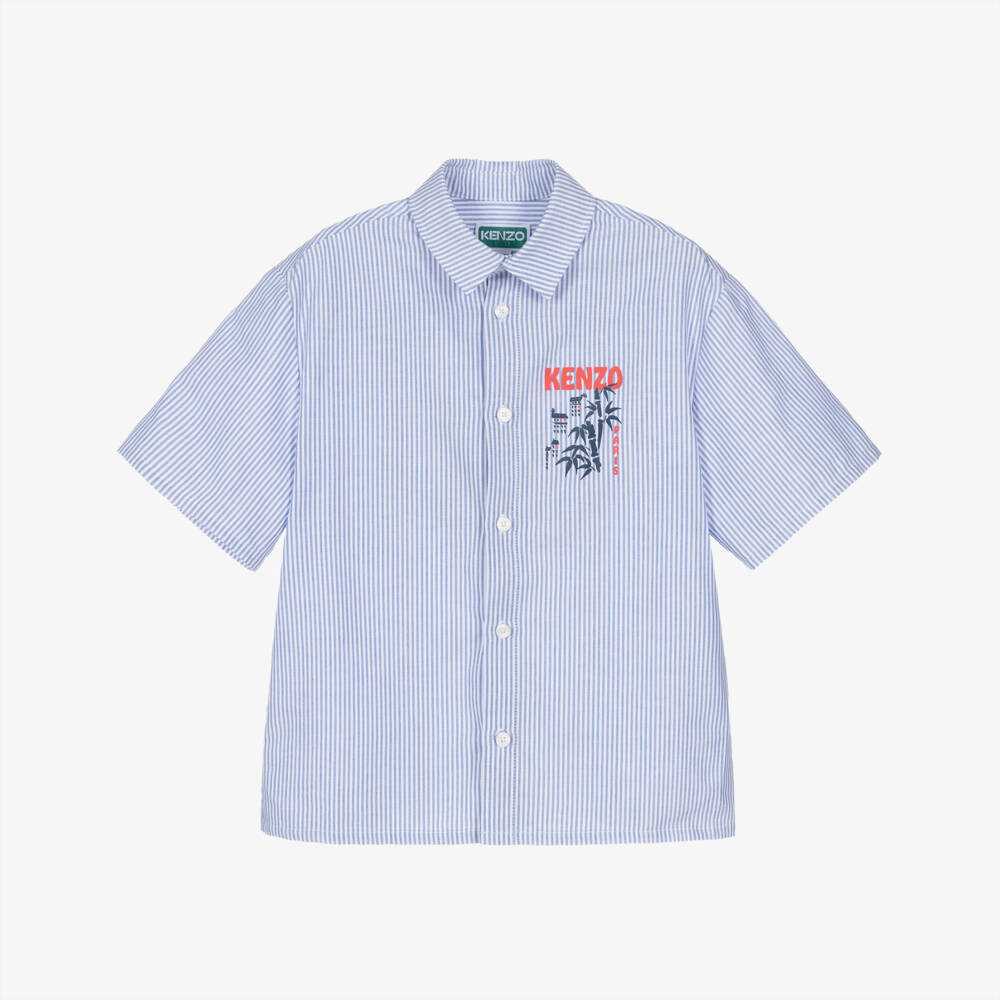 KENZO KIDS-Boys Blue & White Striped Oxford Cotton Logo Shirt | Childrensalon