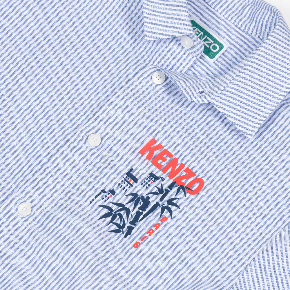 KENZO KIDS-قميص قطن أوكسفورد مخطط لون أبيض وأزرق للأولاد | Childrensalon