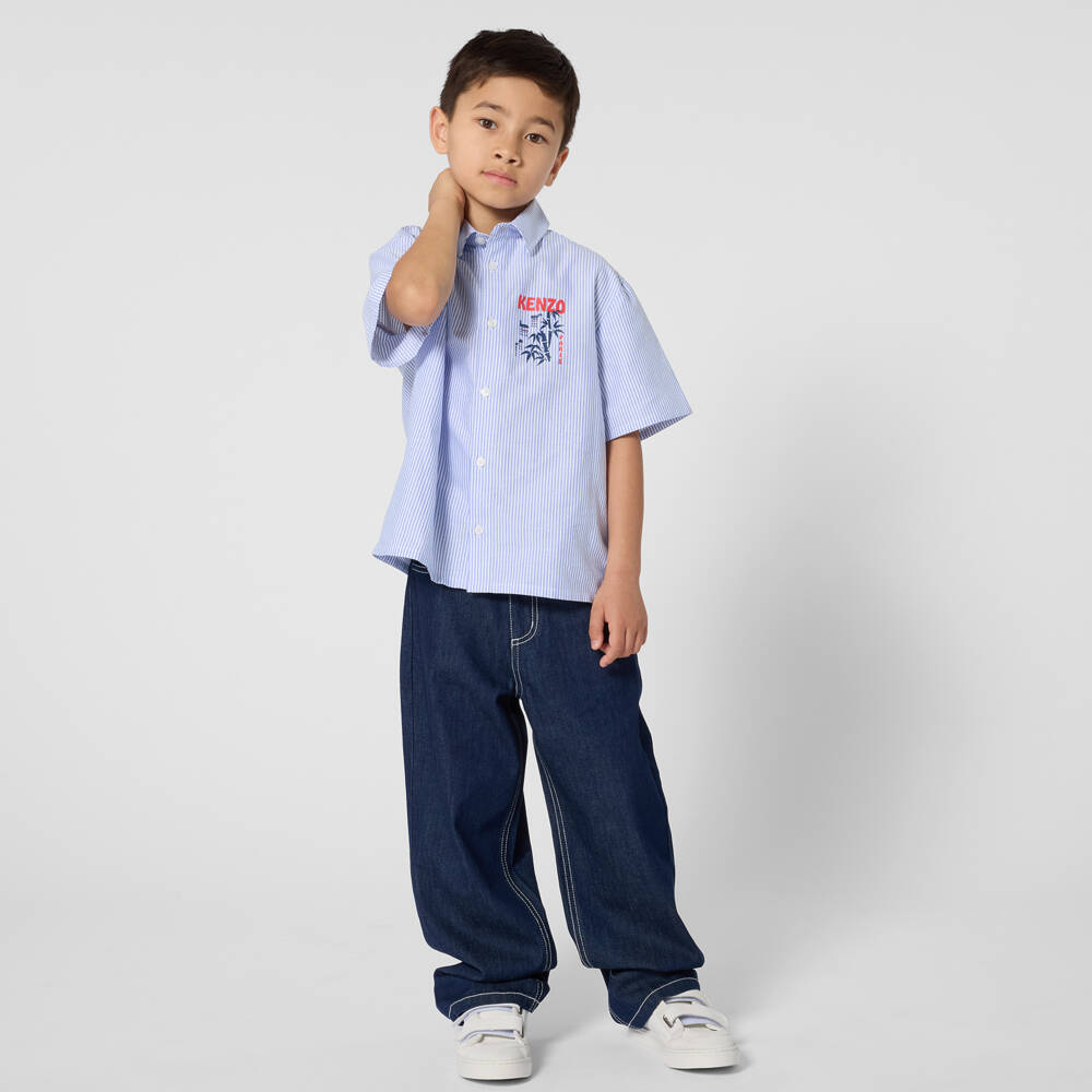 KENZO KIDS-قميص قطن أوكسفورد مخطط لون أبيض وأزرق للأولاد | Childrensalon