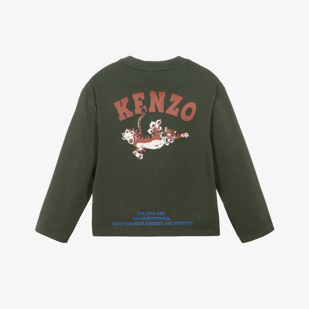 KENZO KIDS-Boys Dark Green Cotton Fun Tiger Top | Childrensalon