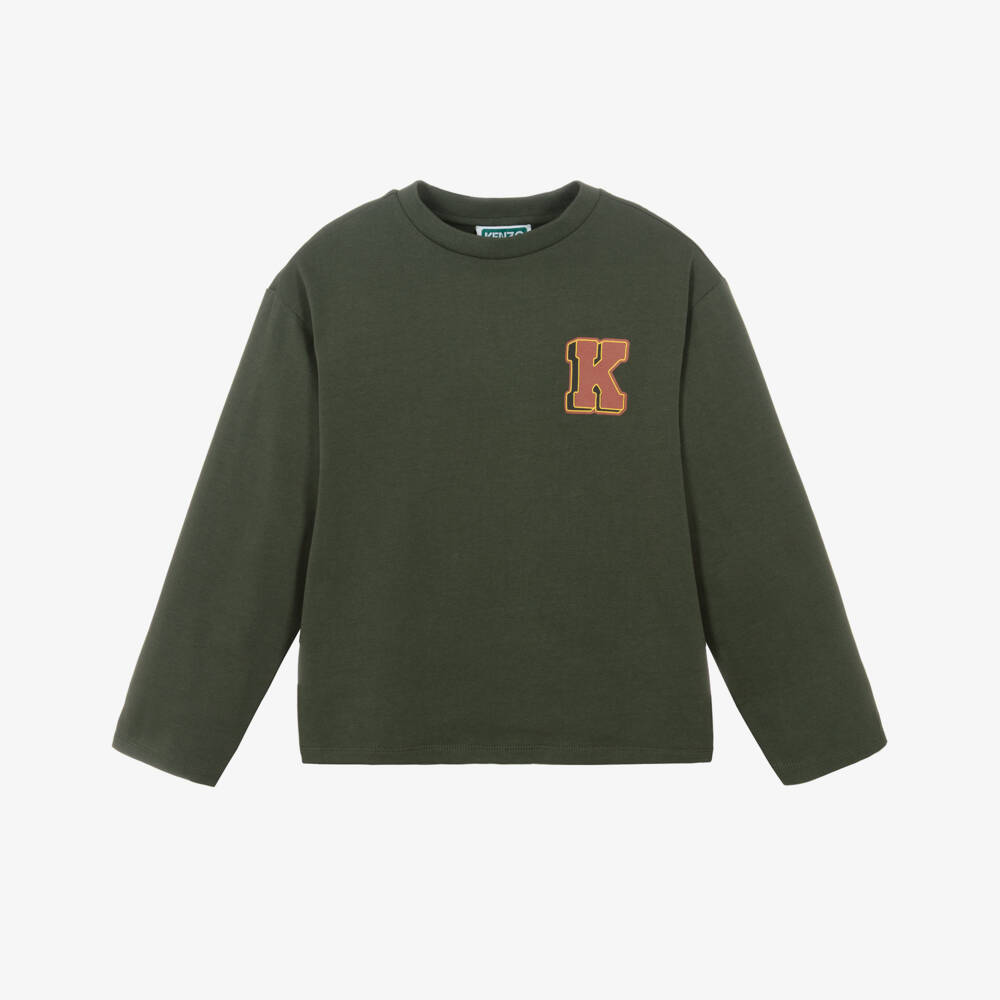 KENZO KIDS-Boys Dark Green Cotton Fun Tiger Top | Childrensalon