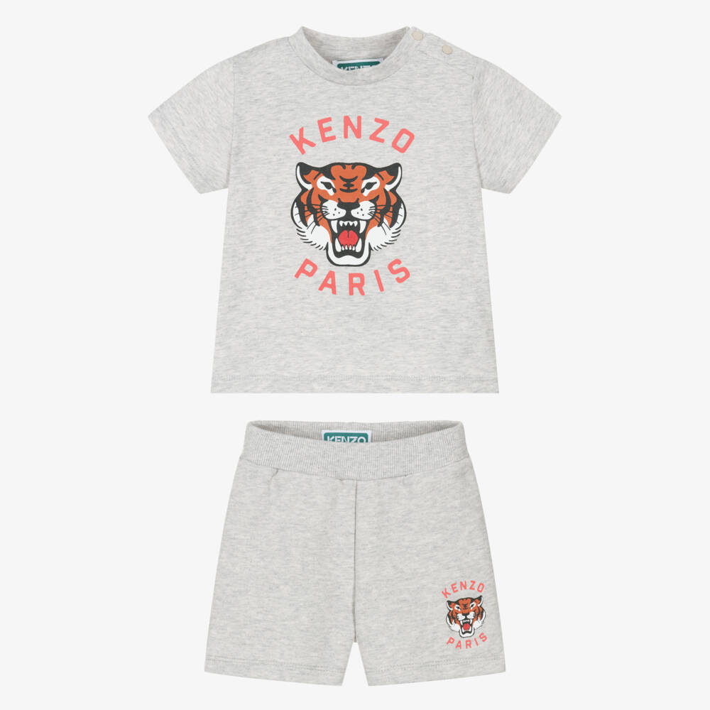 KENZO KIDS-Boys Grey Marl Cotton Lucky Tiger Shorts Set | Childrensalon