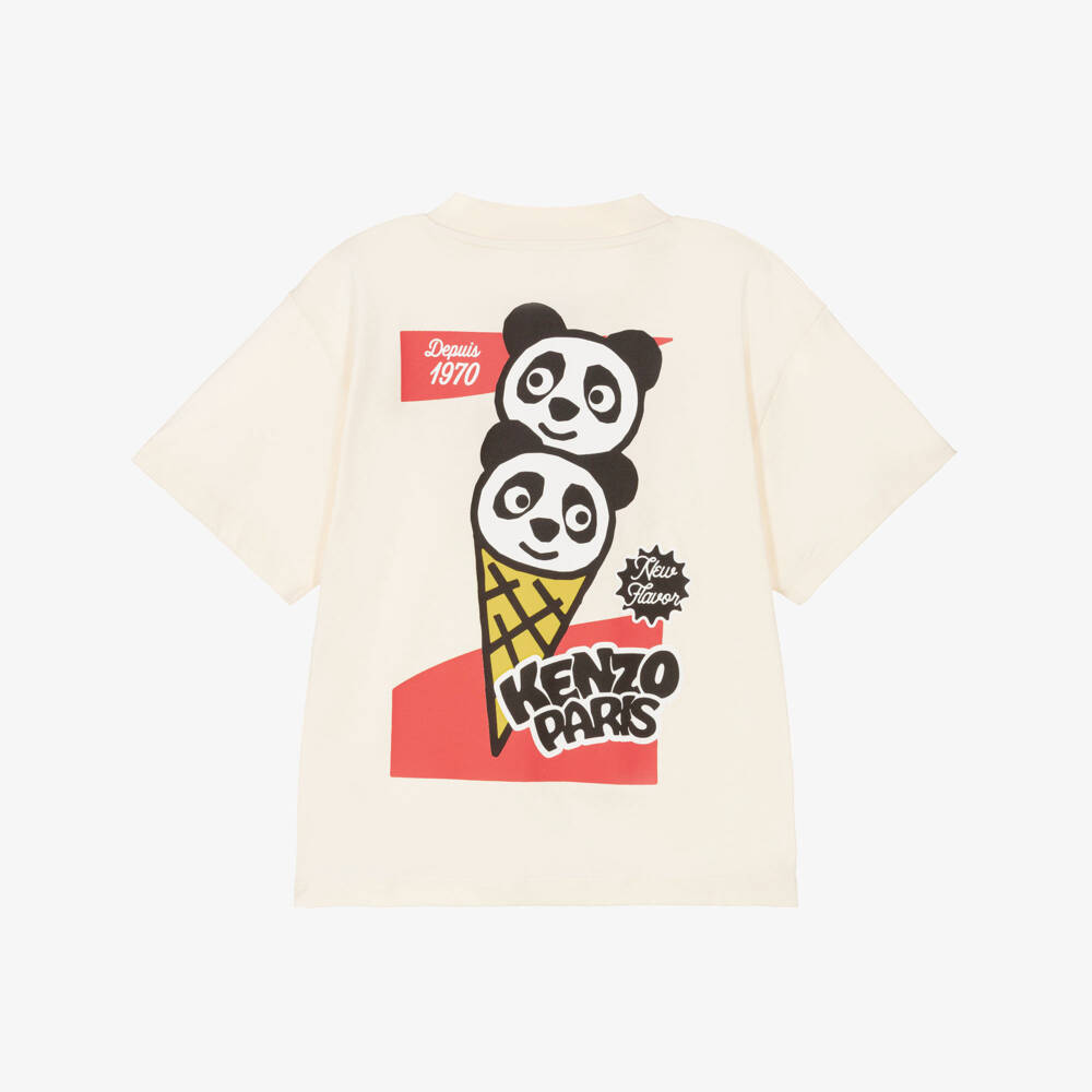 KENZO KIDS-Boys Ivory Cotton Vintage Panda Ice Cream Logo T-Shirt | Childrensalon