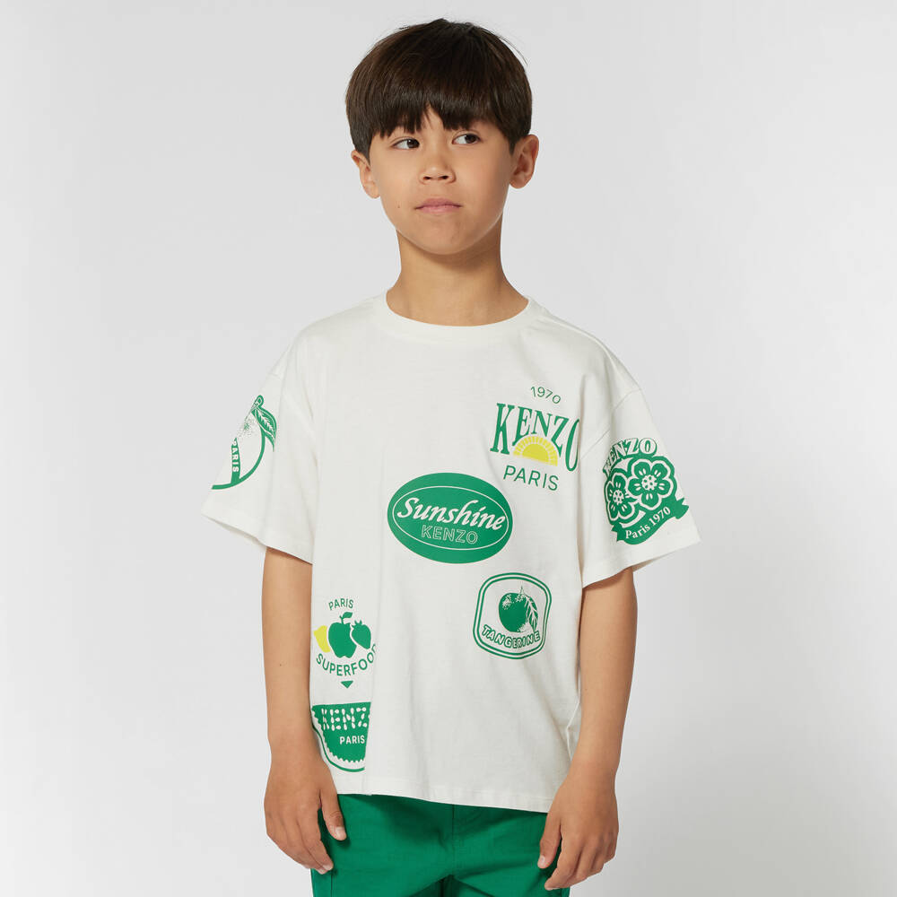 KENZO KIDS-Boys Ivory & Green Fruit Stickers T-Shirt | Childrensalon