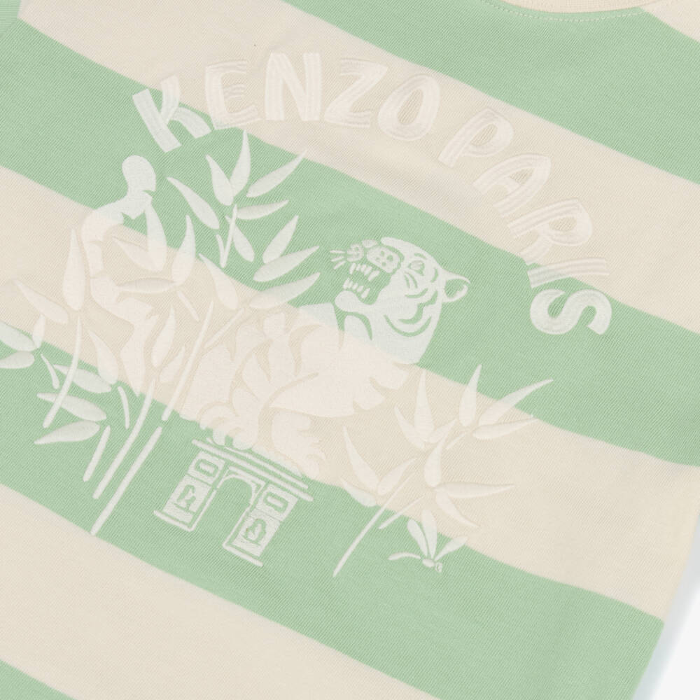KENZO KIDS-Boys Ivory & Green Stripe Cotton T-Shirt with Tiger Embroidery | Childrensalon