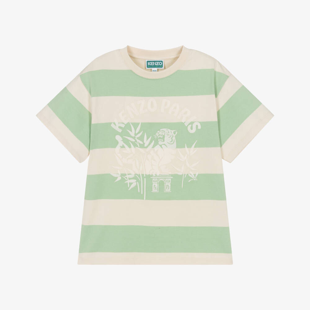 KENZO KIDS-Boys Ivory & Green Stripe Cotton T-Shirt with Tiger Embroidery | Childrensalon