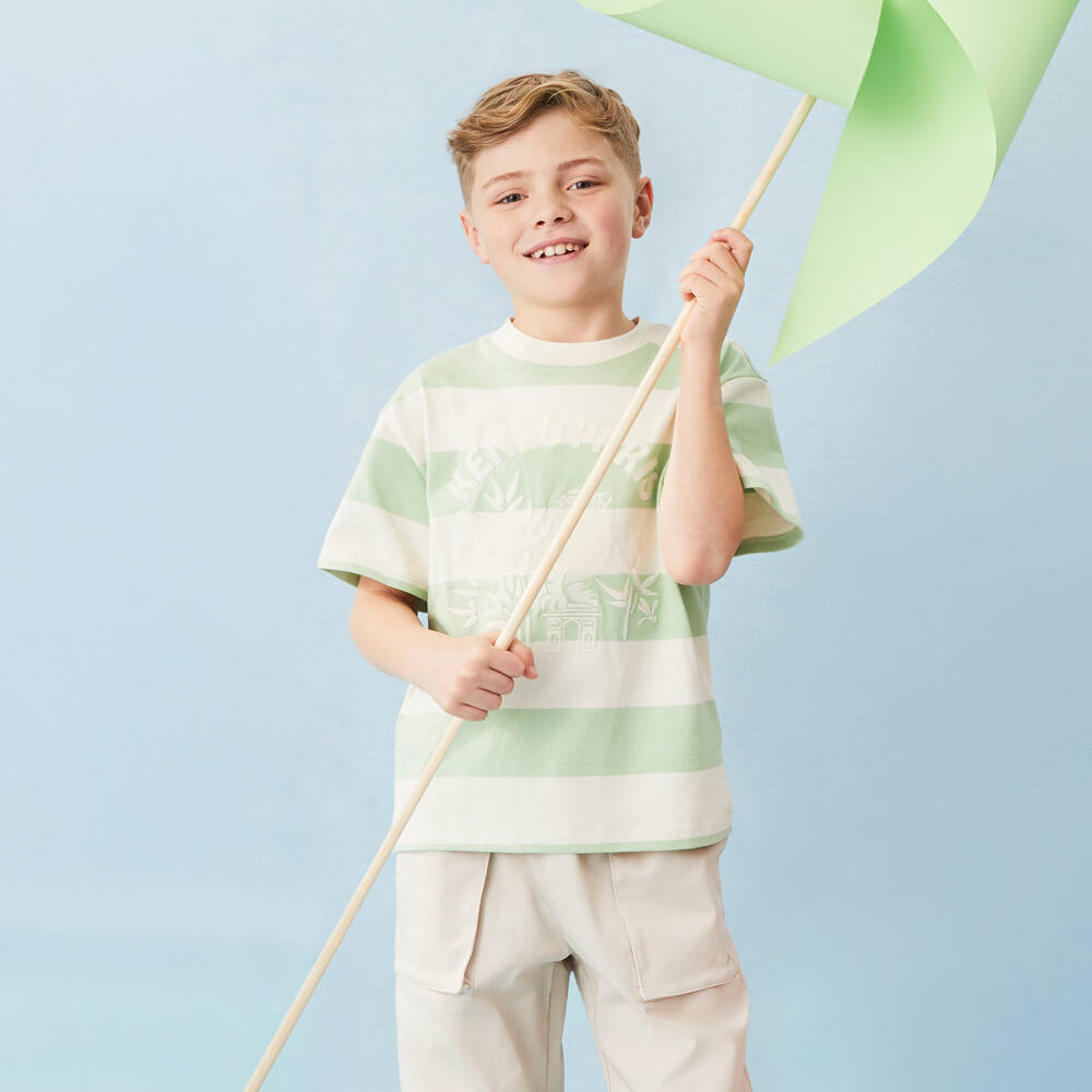 KENZO KIDS-تيشيرت قطن مقلم لون أخضر وعاجي للأولاد | Childrensalon