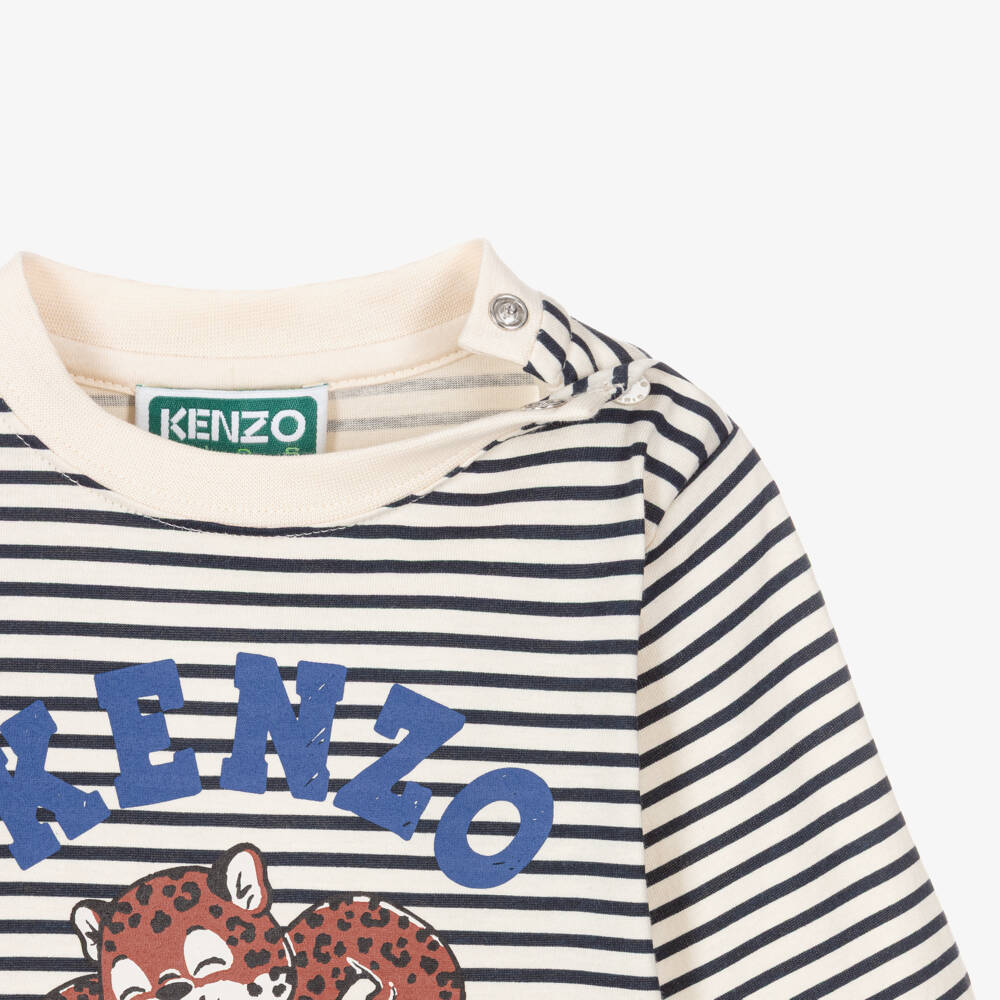 KENZO KIDS-Boys Ivory Striped Cotton Top with Leopard Cub Print | Childrensalon