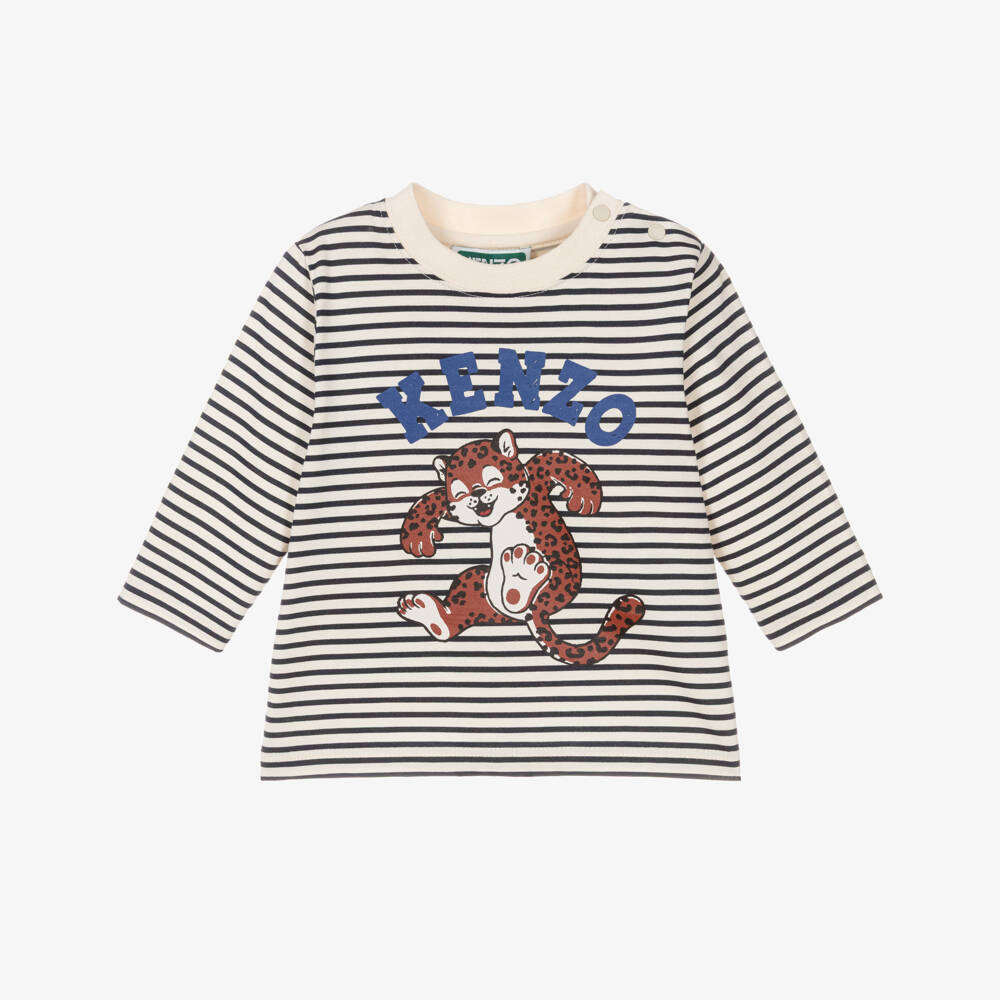 KENZO KIDS-Boys Ivory Striped Cotton Top with Leopard Cub Print | Childrensalon