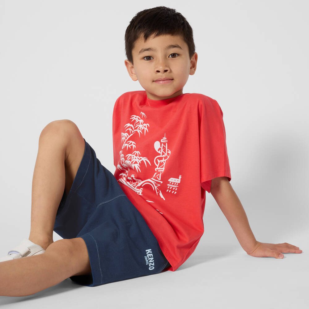 KENZO KIDS-Boys Navy Blue Cotton Elasticated Logo Shorts | Childrensalon