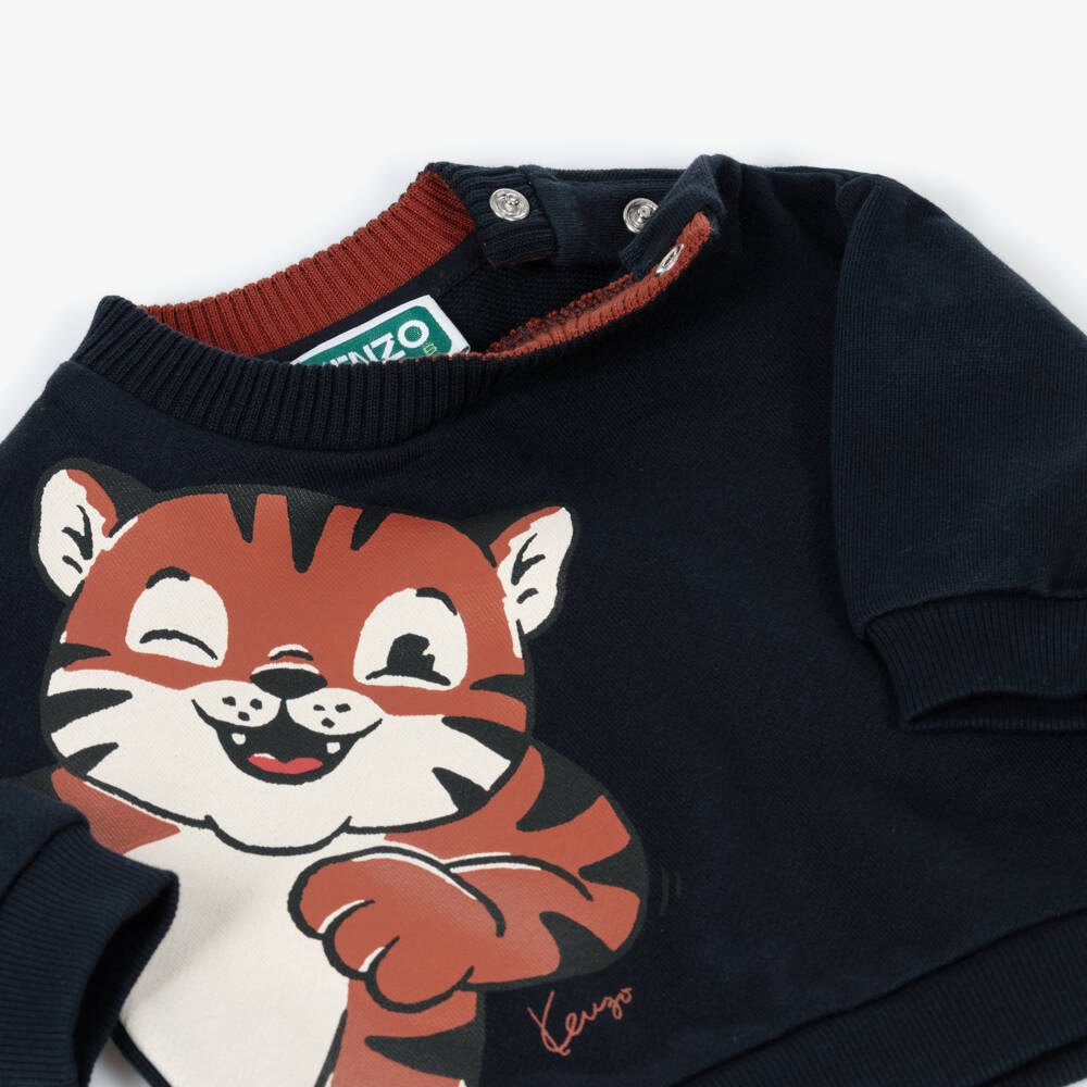 KENZO KIDS-Boys Navy Blue Cotton Sweatshirt with Baby Tiger Motif | Childrensalon
