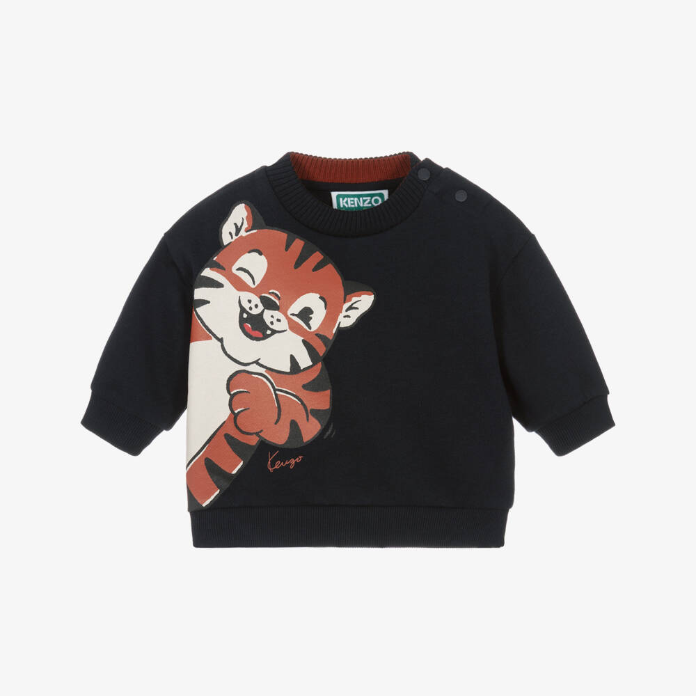 KENZO KIDS-Boys Navy Blue Cotton Sweatshirt with Baby Tiger Motif | Childrensalon