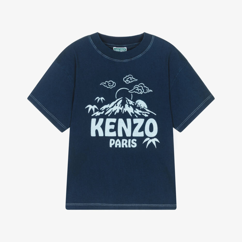 KENZO KIDS-Boys Navy Blue Cotton T-Shirt with Mountain Logo Motif | Childrensalon