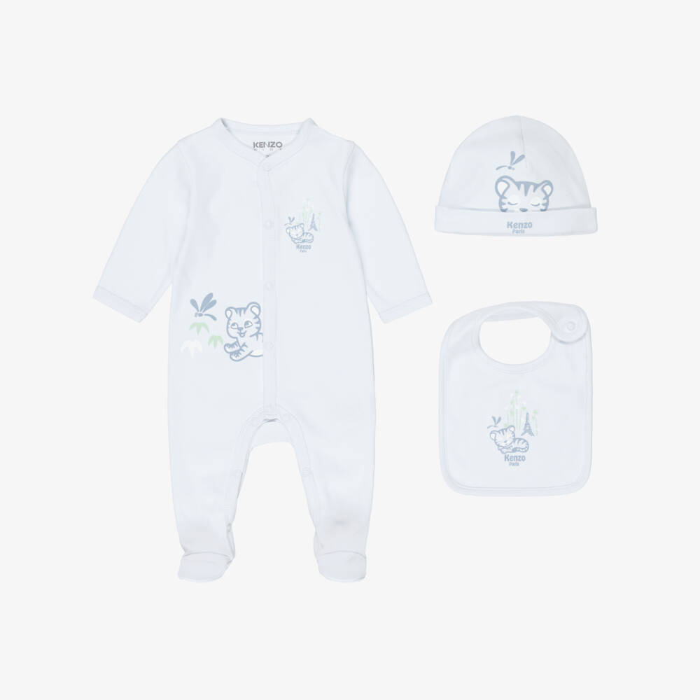 KENZO KIDS-Boys Pale Blue Babysuit Set with Baby Tiger Print | Childrensalon
